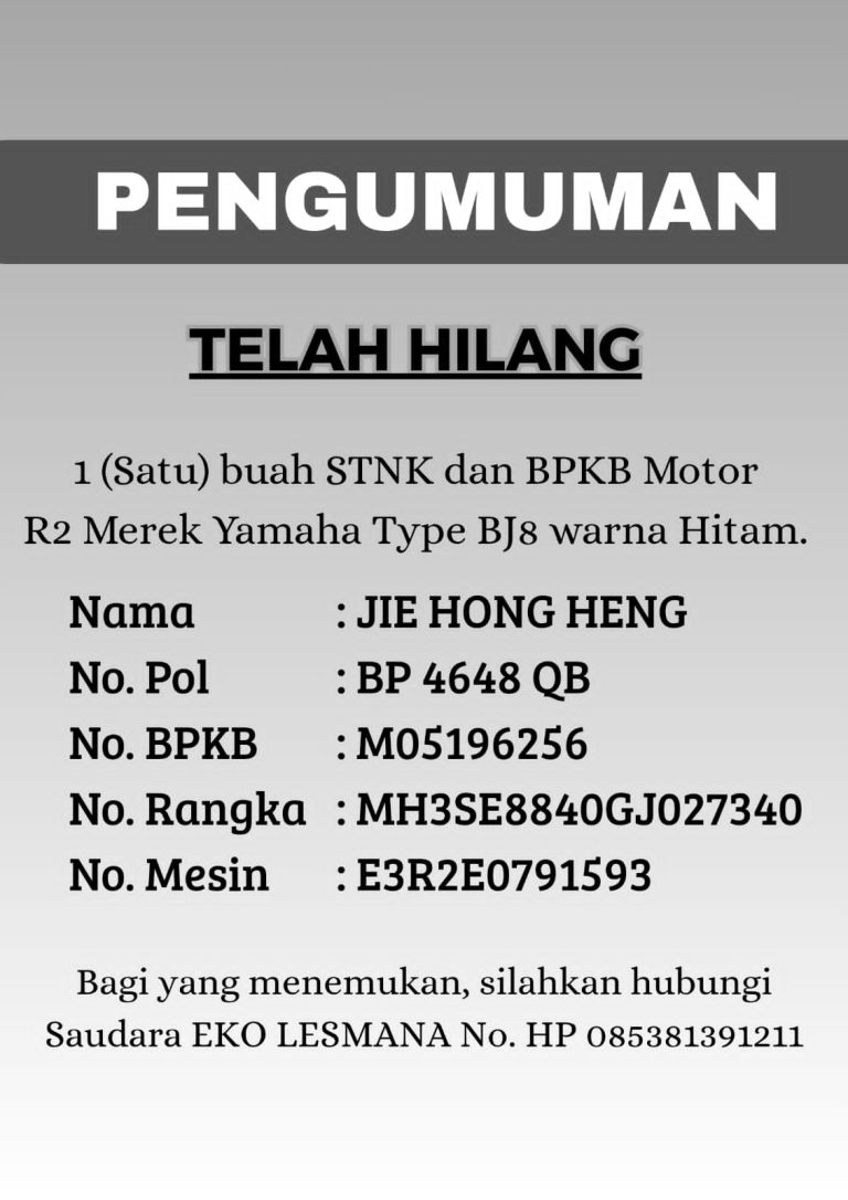 Banner Pengumuman Kehilangan STNK dan BPKB Motor Roda Dua di Bintan.